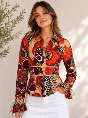 Roberto Cavalli Floral Button-Down Blouse with Tie Bell Sleeve